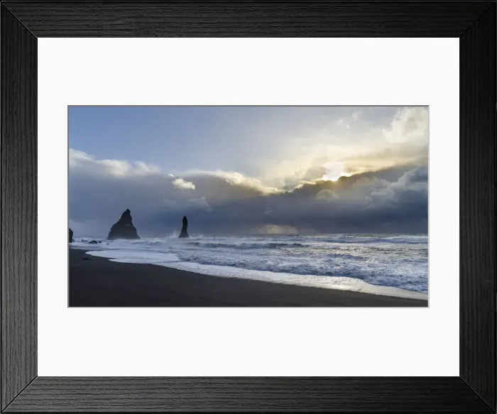 Framed Print : Coast near Vik i Myrdal during winter. Black volcanic beach Reynisfjara with the Reynisdrangar