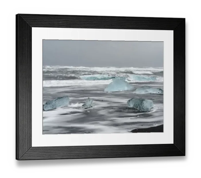 Framed Print : Icebergs on black volcanic beach, Iceland Framed Print : Icebergs on black volcanic beach, Iceland