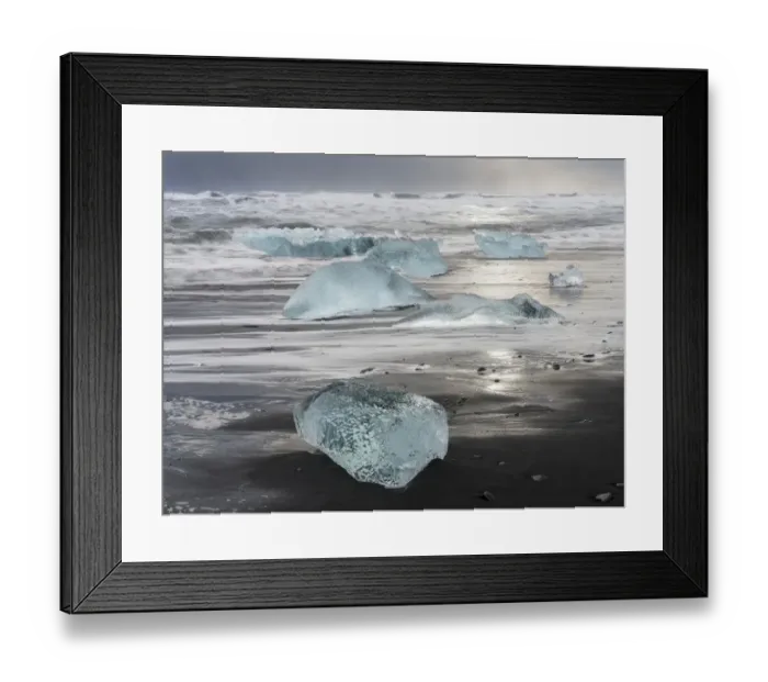 Framed Print : Icebergs on black volcanic beach, Iceland Framed Print : Icebergs on black volcanic beach, Iceland