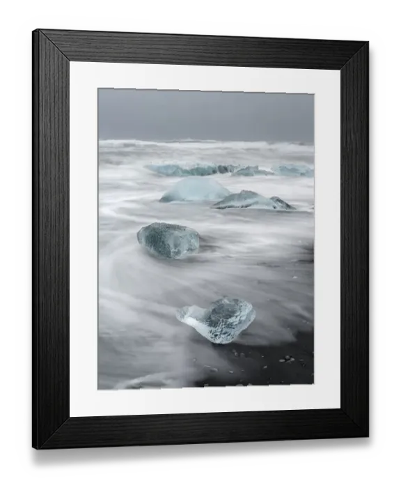 Framed Print : Icebergs on black volcanic beach, Iceland Framed Print : Icebergs on black volcanic beach, Iceland