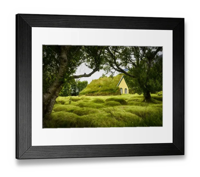 Framed Print : Iceland, turf-roofed Hof Church and surrounding grave mounds Framed Print : Iceland, turf-roofed Hof Church and surrounding grave mounds