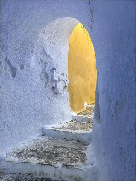 Europe, Greece, Santorini, Pyrgos. Building passageway