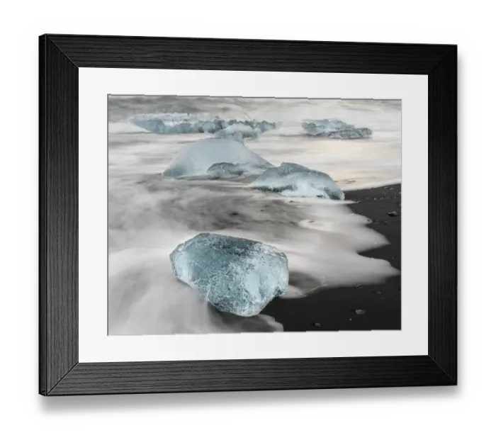 Framed Print : Icebergs on black volcanic beach near the Jokulsarlon glacial lagoon and Breithamerkurjokull Framed Print : Icebergs on black volcanic beach near the Jokulsarlon glacial lagoon and Breithamerkurjokull