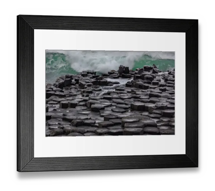 Framed Print : Waves crashing into basalt at the Giants Causeway in County Antrim, Northern