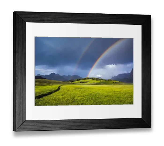 Framed Print : Italy, Dolomites, Alpi di Siusi. Double rainbow over mountain meadow Framed Print : Italy, Dolomites, Alpi di Siusi. Double rainbow over mountain meadow