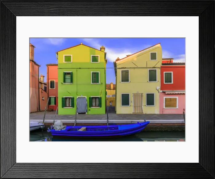 Framed Print : Italy, Burano. Colorful house walls and boat in canal Framed Print : Italy, Burano. Colorful house walls and boat in canal