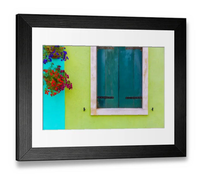 Framed Print : Italy, Burano. Colorful house wall and window