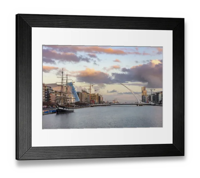 Framed Print : Jeanie Johnston Tall Ship and Samuel Beckett Bridge over the River Liffey in downtown Dublin