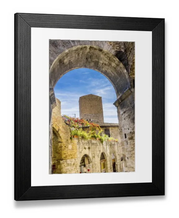 Framed Print : Medieval stone arch and tower, San Gimignano, Tuscany, Italy