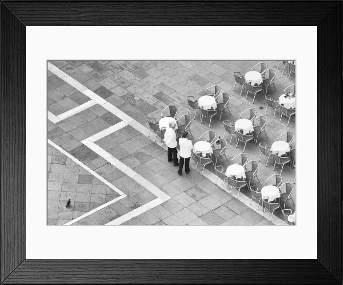 Framed Print : Italy, Venice. Black and white looking down on waiters in San Marco Square from Campanile Framed Print : Italy, Venice. Black and white looking down on waiters in San Marco Square from Campanile