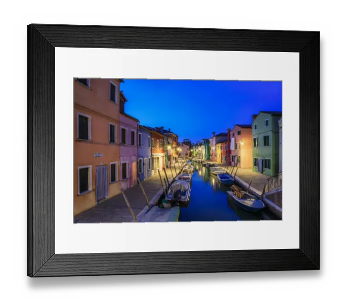 Framed Print : Europe, Italy, Burano. Colorful houses on canal at sunset Framed Print : Europe, Italy, Burano. Colorful houses on canal at sunset