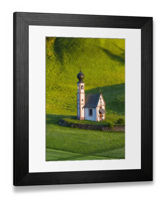 Framed Print : Europe, Italy, Dolomites, Val di Funes. Chapel of St. Barbara in mountain valley. Credit as Framed Print : Europe, Italy, Dolomites, Val di Funes. Chapel of St. Barbara in mountain valley. Credit as