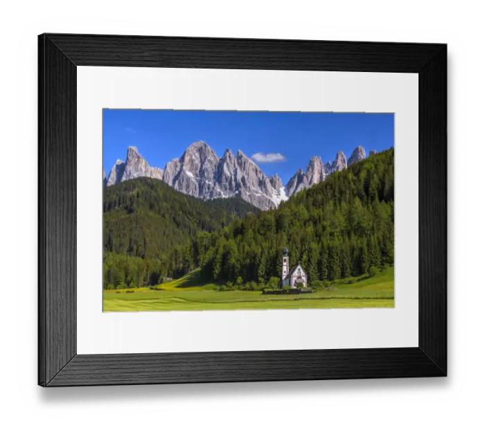 Framed Print : Europe, Italy, Dolomites, Val di Funes. Chapel of St. Barbara in mountain valley. Credit as Framed Print : Europe, Italy, Dolomites, Val di Funes. Chapel of St. Barbara in mountain valley. Credit as