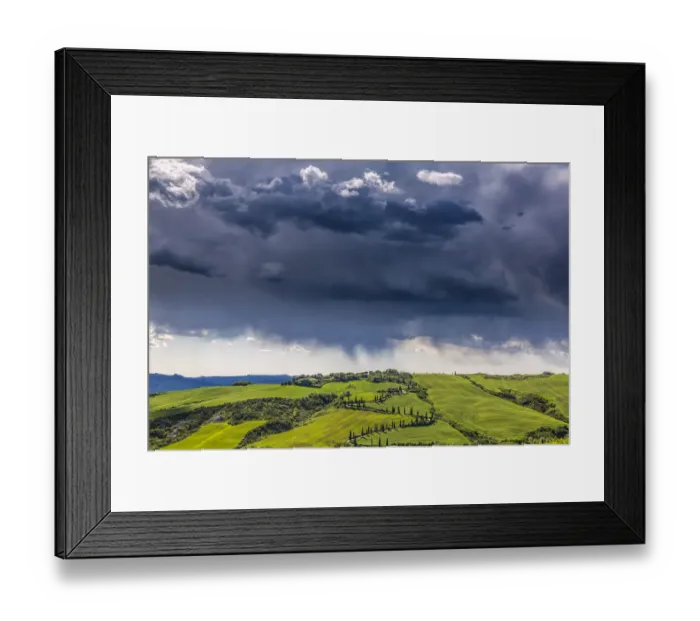 Framed Print : Europe, Italy, Val d Orcia. Storm clouds over Tuscany landscape