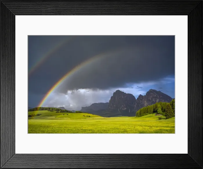 Framed Print : Europe, Italy, Dolomites, Alpe di Siusi. Double rainbow over mountain meadow. Credit as Framed Print : Europe, Italy, Dolomites, Alpe di Siusi. Double rainbow over mountain meadow. Credit as