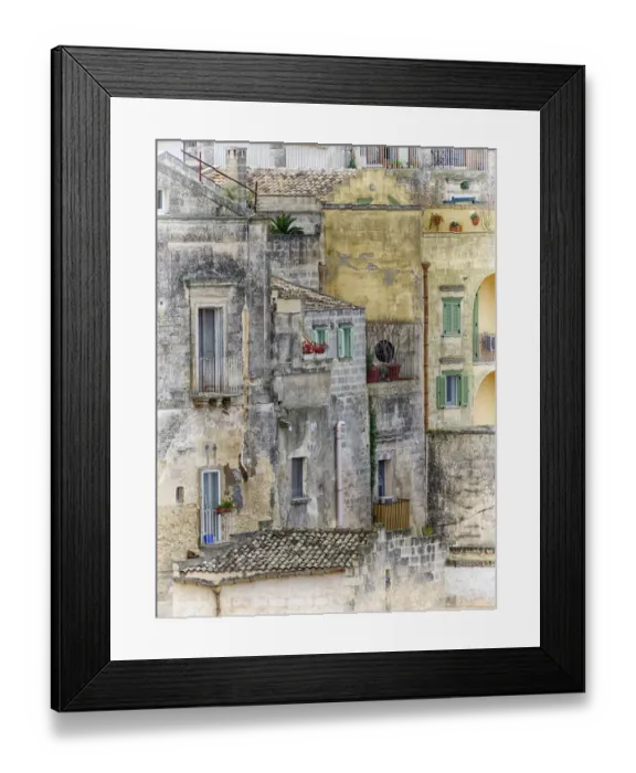 Framed Print : Italy, Basilicata, Matera. Balconies and windows of sassi homes in the old town of Matera Framed Print : Italy, Basilicata, Matera. Balconies and windows of sassi homes in the old town of Matera