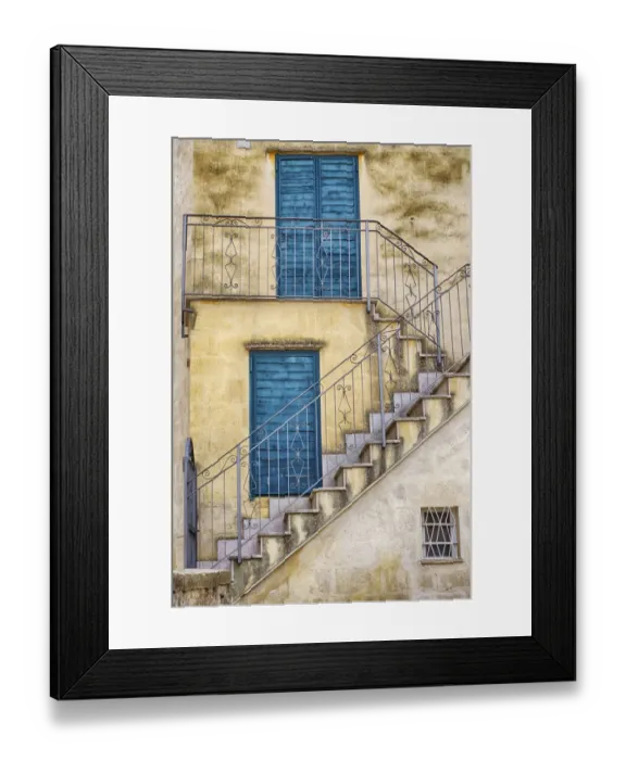 Framed Print : Italy, Basilicata, Matera. Stairs leading to blue doors and shutters in old town Matera Framed Print : Italy, Basilicata, Matera. Stairs leading to blue doors and shutters in old town Matera