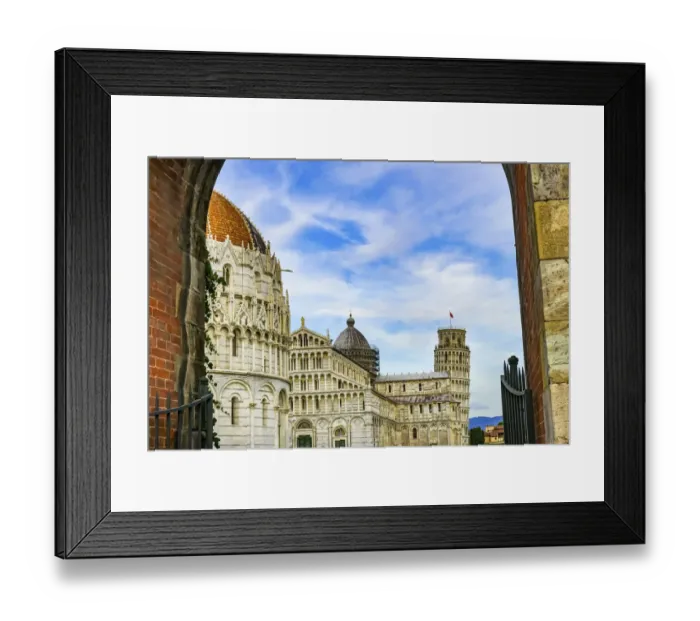 Framed Print : City gate of Piazza del Miracoli with Leaning Tower of Pisa and Pisa Baptistery of St Framed Print : City gate of Piazza del Miracoli with Leaning Tower of Pisa and Pisa Baptistery of St