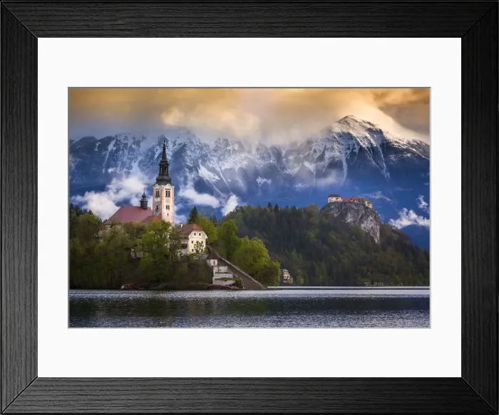 Framed Print : Europe, Slovenia, Lake Bled. Church castle on lake island and mountain landscape. Credit as Framed Print : Europe, Slovenia, Lake Bled. Church castle on lake island and mountain landscape. Credit as