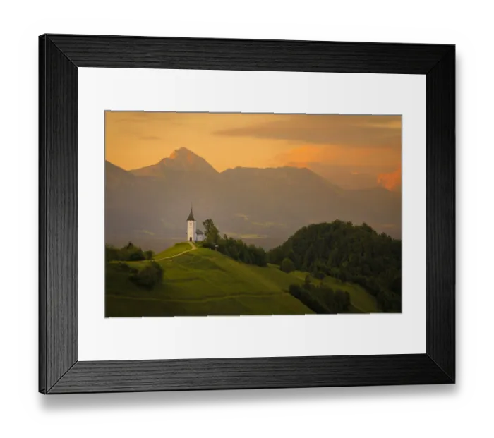 Framed Print : Europe, Slovenia. Chapel of St. Primoz at sunset