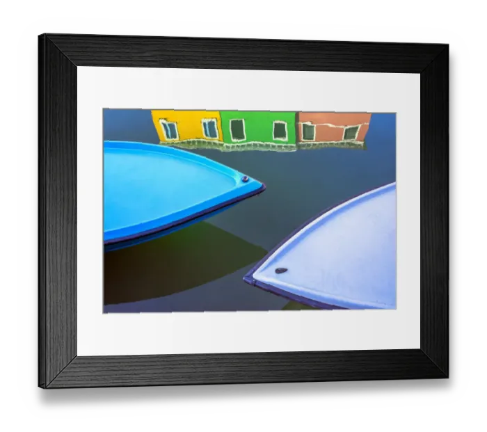 Framed Print : Italy, Burano. Boat bows and house reflection in canal