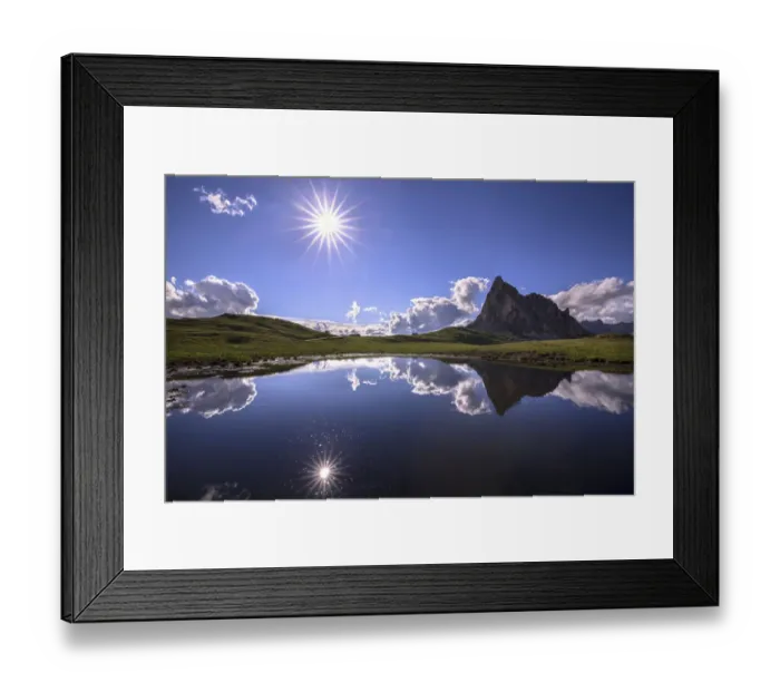 Framed Print : Italy, Dolomites, Giau Pass. Sun reflection in mountain tarn Framed Print : Italy, Dolomites, Giau Pass. Sun reflection in mountain tarn