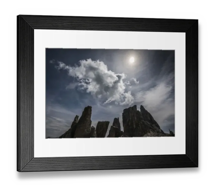 Framed Print : Italy, Dolomites, Cinque Torri. Mountain peaks and sun