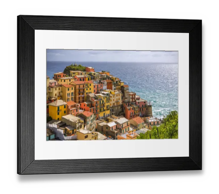 Framed Print : Italy, Manarola. Overview of coastal village and sea