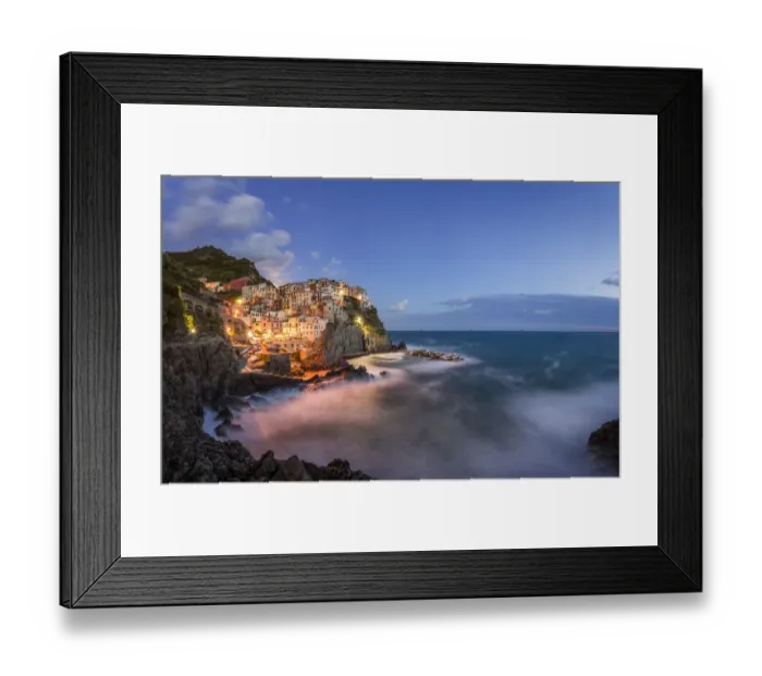 Framed Print : Italy, Manarola. Coastal village and sea at sunset Framed Print : Italy, Manarola. Coastal village and sea at sunset