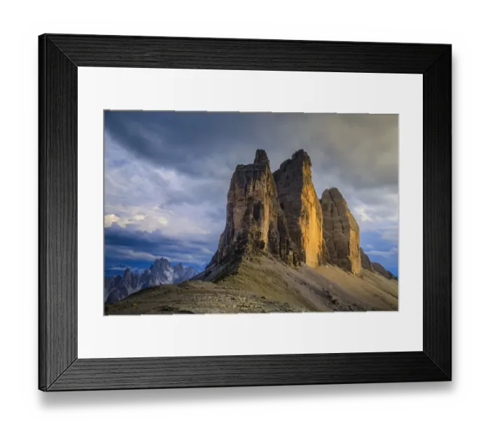 Framed Print : Italy, Dolomites. Tre Cime di Lavaredo peaks at sunset