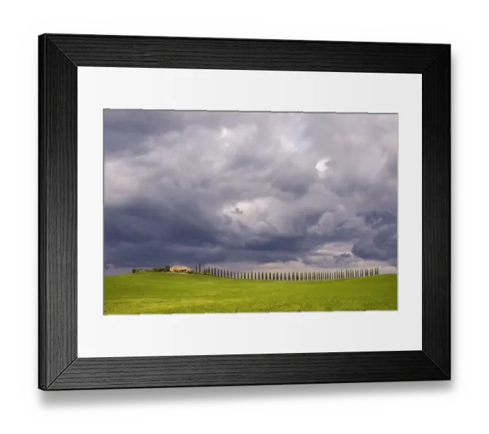 Framed Print : Italy, Tuscany, Val d Orcia. Farmhouse and storm clouds at sunset