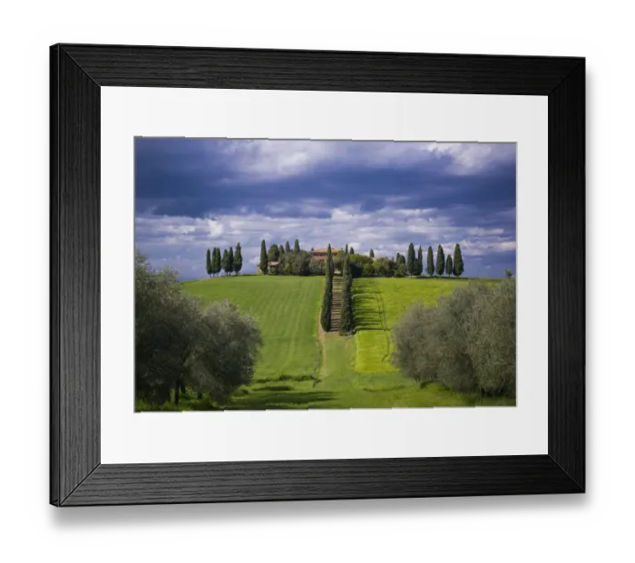 Framed Print : Italy, Tuscany, Val d Orcia. Farmhouse and storm clouds at sunset