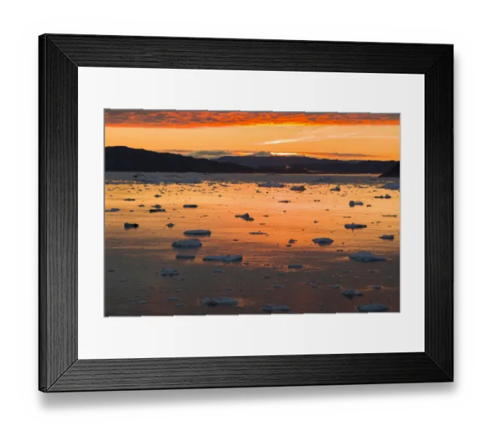 Framed Print : Sunset over fjord with icebergs close to Eqip Sermia glacier in Denmarks overseas territory Framed Print : Sunset over fjord with icebergs close to Eqip Sermia glacier in Denmarks overseas territory