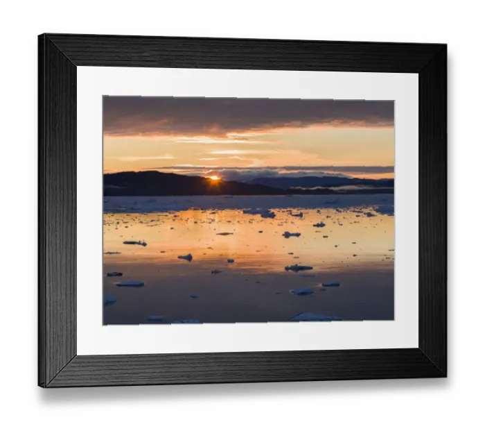 Framed Print : Sunset over fjord with icebergs close to Eqip Glacier in Greenland, Danish Territory Framed Print : Sunset over fjord with icebergs close to Eqip Glacier in Greenland, Danish Territory