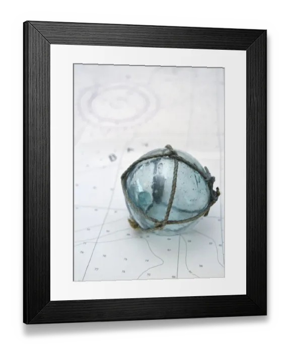 Framed Print : Japanese glass fishing float on nautical chart Framed Print : Japanese glass fishing float on nautical chart