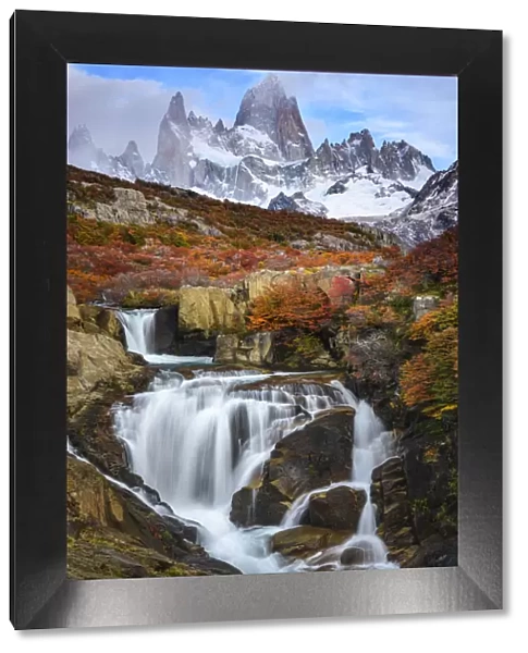 Argentina, Los Glaciares National Park. Mt. Fitz Roy and waterfall in fall
