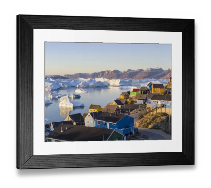 Framed Print : View of fjord full of icebergs towards Nuussuaq peninsula during midnight sun Framed Print : View of fjord full of icebergs towards Nuussuaq peninsula during midnight sun