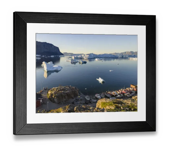Framed Print : View of fjord full of icebergs towards Nuussuaq peninsula during midnight sun