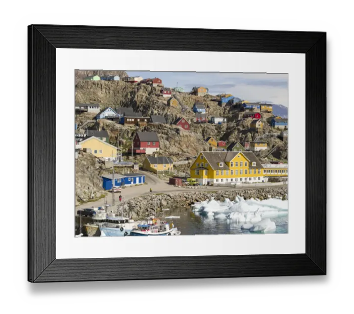 Framed Print : Uummannaq harbor and town, northwest of Greenland, located on an island in the Uummannaq