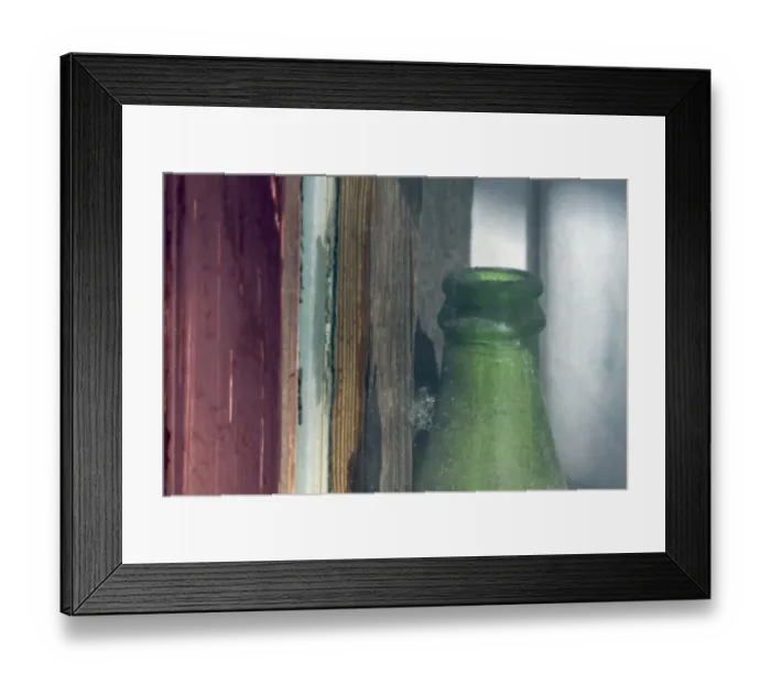 Framed Print : Old green bottle in window, California