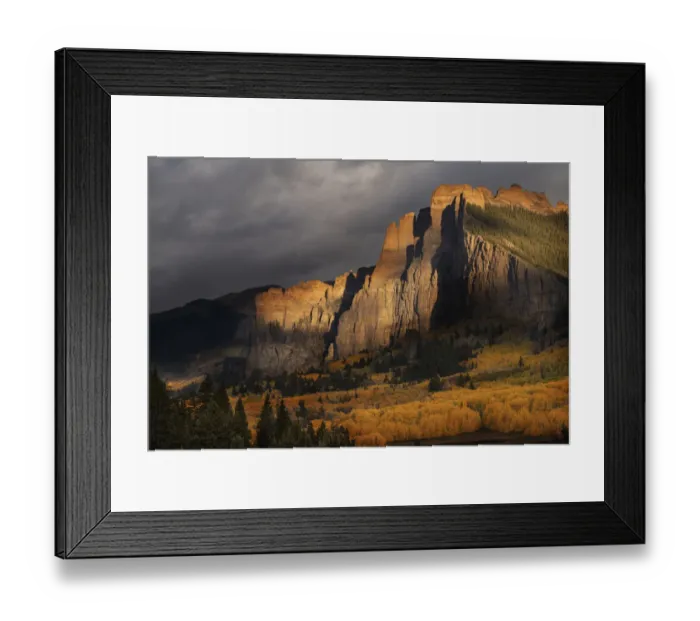 Framed Print : USA, Colorado, Gunnison National Forest. The Castles rock formation on a stormy autumn sunrise