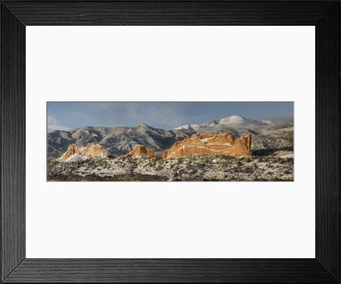 Framed Print : USA, Colorado, Garden of the Gods. Panoramic of fresh snow on Pikes Peak and sandstone formation Framed Print : USA, Colorado, Garden of the Gods. Panoramic of fresh snow on Pikes Peak and sandstone formation