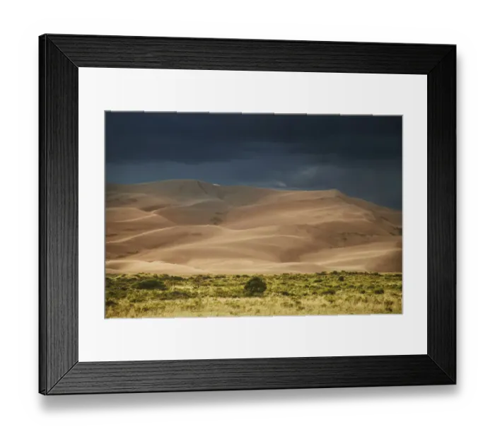 Framed Print : USA, Colorado, Great Sand Dunes National Park. Thunderstorm over sand dunes near sunset