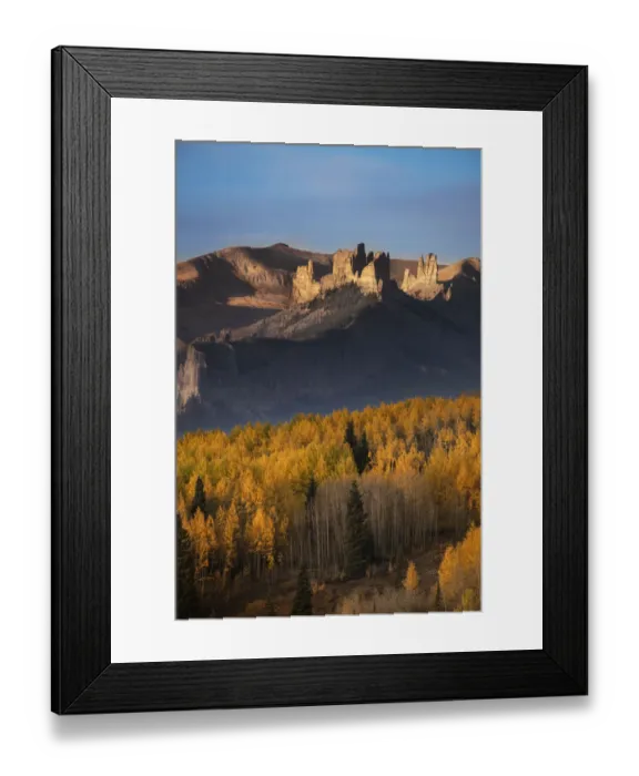 Framed Print : USA, Colorado, Gunnison National Forest. The Castles rock formation on an autumn sunrise