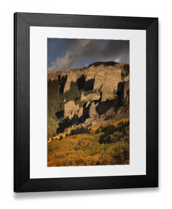 Framed Print : USA, Colorado, West Elk Mountains. Sunrise storm clouds above mountain and forest in autumn