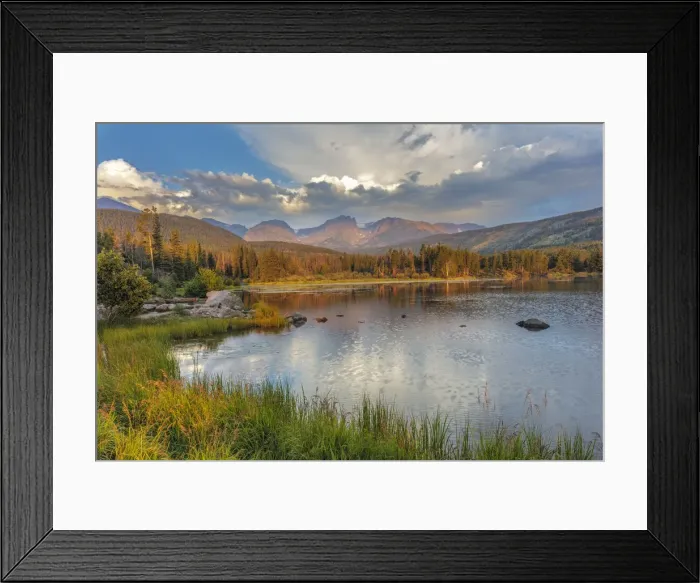 Framed Print : Sunrise on Hallett Peak and Flattop Mountain above Sprague Lake in Rocky Mountain National Park