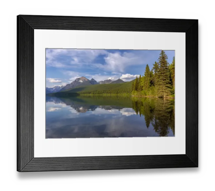 Framed Print : Calm reflection on Bowman Lake in Glacier National Park, Montana, USA Framed Print : Calm reflection on Bowman Lake in Glacier National Park, Montana, USA