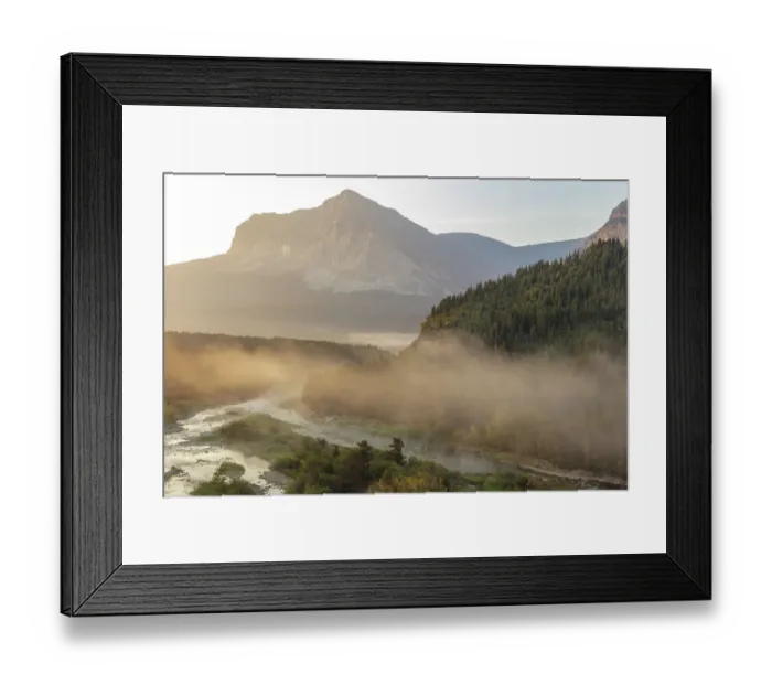 Framed Print : Fog at sunrise along Swiftcurrent Creek in Glacier National Park, Montana, USA