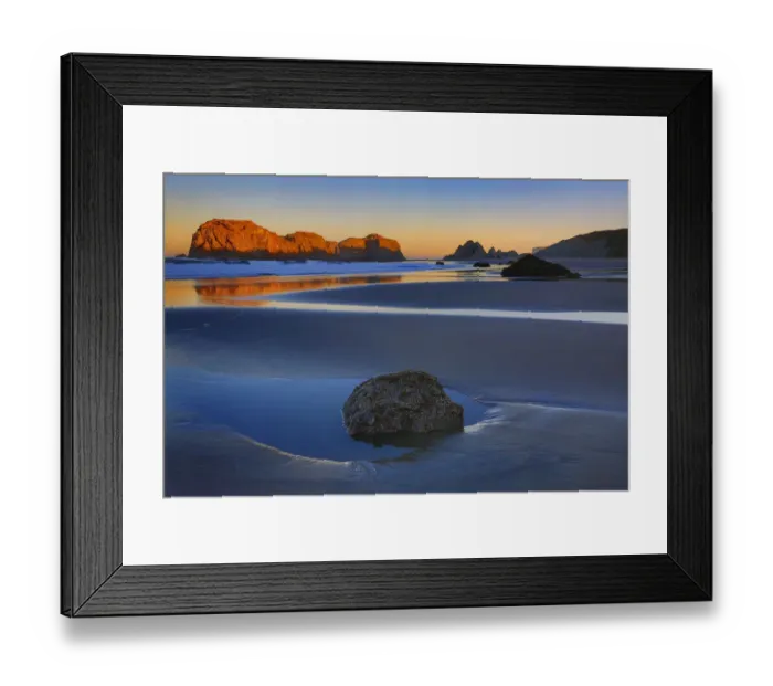Framed Print : USA, Oregon, Bandon. Sunset on beach sea stacks