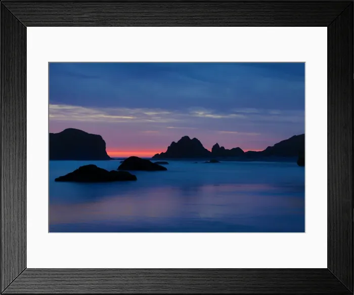 Framed Print : USA, Oregon, Bandon. Sunset on beach sea stacks